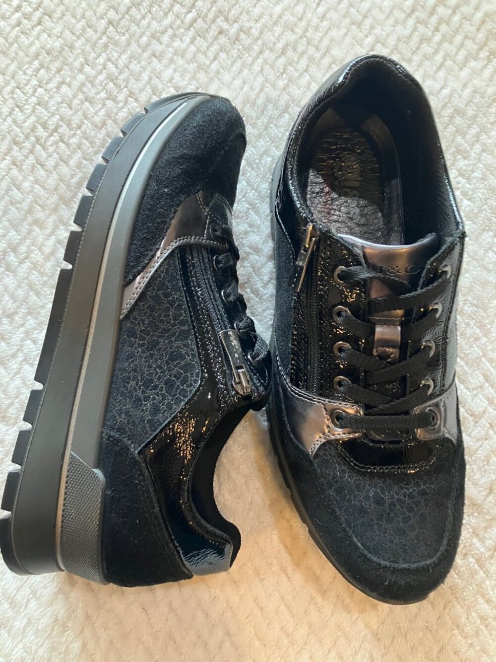 IGI&CO Womens 41 Black Suede Patent Platform Sneakers Zip Lace Made Italy